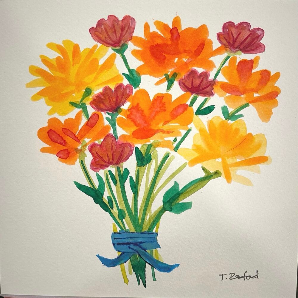 Hand painted watercolor original painting flowers 6x6”